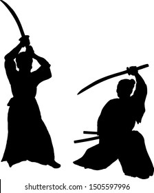 Silhouette of two samurai swordman dueling. Vector illustration.