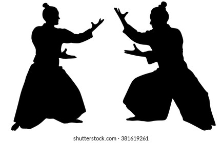 Silhouette of two samurais in duel