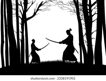 Silhouette of two samurais having a duel in the woods, vector illustration