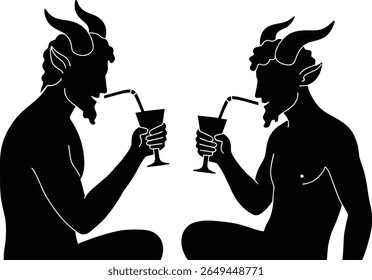 Silhueta de dois sátiros ou personagens demônios apreciando vinho juntos - elegante clipart fantasia de criaturas míticas bebendo - ilustração vetorial minimalista, design plano isolado, estilo gráfico preto