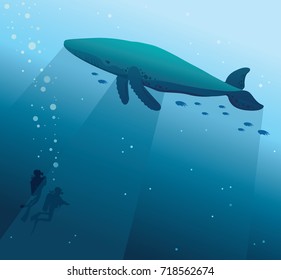 Silhouette of two scuba divers and big whale with school of fishes on a blue sea background. Vector nature illustration. Underwater wildlife.