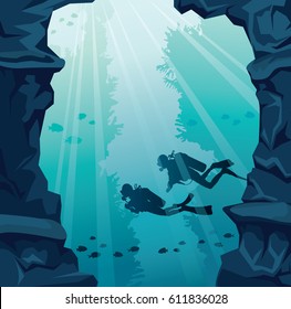 Silhouette of two scuba divers, stone cave and coral reef on a blue sea. Underwater vector illustration.  Marine life. 