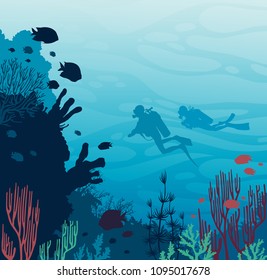 Silhouette of two scuba divers swimming near the coral reef and sea creatures on a blue sea. Vector adventure illustration. Underwater marine life.