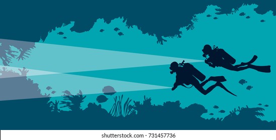 Silhouette of two scuba divers and underwater cave with fishes and corals on a blue sea background. Vector ocean illustration. Marine wildlife and water sport.