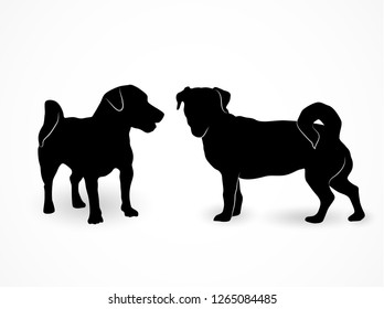 Silhouette of two small standing dogs Jack Russell Terrier. A front and side view of the pets isolated on white background.