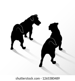 Silhouette of two small standing dogs Jack Russell Terrier. Rear and top view of the pets isolated on white background.