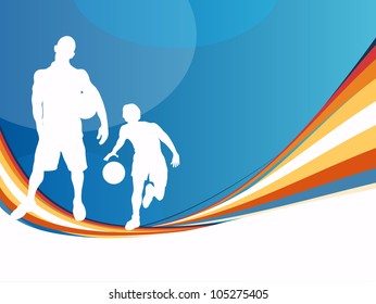 Silhouette of two soccer football players with soccer ball in standing or playing action on creative wave, arrow and dotted grey background. EPS 10.