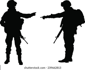 Silhouette Of Two Soldier Pointed The Finger With Rifle 