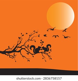 Silhouette of two squirrels on a tree branch with a large sun in an orange sunset sky.