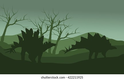 Silhouette of two stegosaurus with green backgrounds
