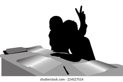 silhouette of two students per Desk on white background vector