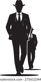 Silhouette of two stylish men in fedora hats and business suits, exuding confidence and classic fashion