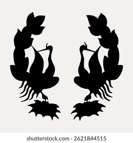 Silhouette of two stylized peacocks facing each other, surrounded by decorative leaves. Elegant peacock design with intricate details and symmetrical composition. Vintage illustration vector.