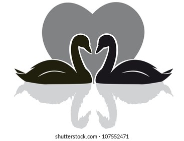 Silhouette of two swans on a background of heart