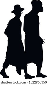 The silhouette of two talking Hasidic Jews. Religious Jew in a traditional costume. The man in the hat. Isolated vector illustration black and white color.