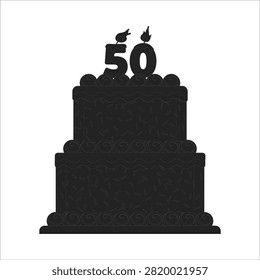 Silhouette of a two tier fiftieth birthday cake with candles, birthday