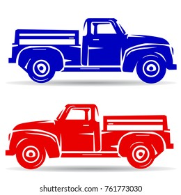 Silhouette of two trucks, red and blue, cartoon on white background, vector