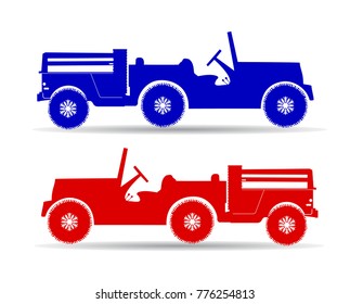 Silhouette of two trucks (red and blue), retro car with trailer, cartoon on white background, vector