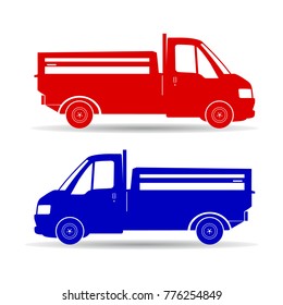 Silhouette of two trucks (red and blue), cartoon on white background, vector