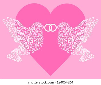 Silhouette of two white birds that hold the ring against pink hearts,Postcard to the Valentine's Day, Mother's Day or a wedding