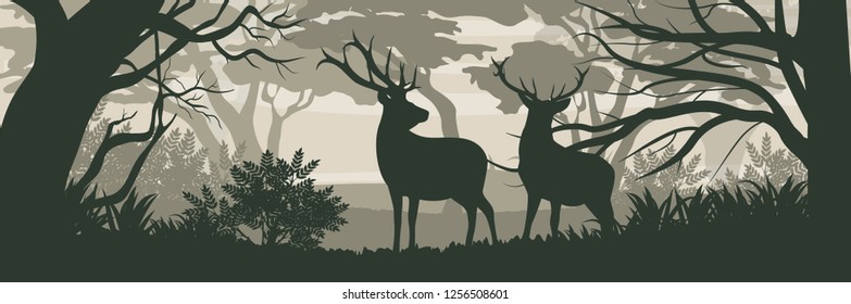 Silhouette. Two wild deer reindeer in a forest. Wild animals of the north. Realistic vector landscape