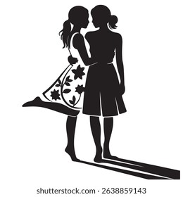 a silhouette of two women embracing. one is in a floral dress and the other is in a simple dress. they are standing barefoot with a shadow.