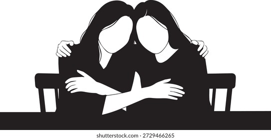 Silhouette of Two Women Hugging While Sitting at a Table, Symbol of Friendship