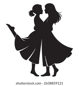 A silhouette of two women in a loving embrace, one with a raised leg, conveys a sense of dance, love, and connection. It is a beautiful image.