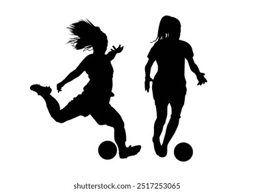 Silueta de dos mujeres jugando fútbol o Ilustración vectorial de fútbol.