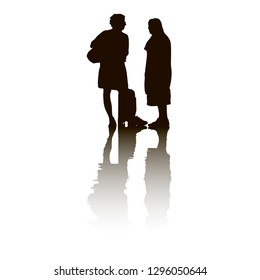 Silhouette of two women, young and old. Travel bags women. Waiting room at the airport. Silhouette of an elderly mother and her daughter. Reflection of figures on the floor. Illustrator 10. Close-up. 