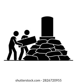 Silhouette of two workers carrying a large rock to construct a stone wall next to a tall pillar. Minimalist black and white design showing manual labor, construction, and teamwork.
