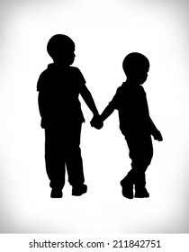 Silhouette Of Two Young Brothers Walking Hand In Hand