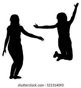 Silhouette of two young girls jumping with hands up, motion. Girl  running out his feet in the jump.  Vector illustration.