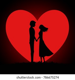 Silhouette of two young lovers against the background of the moon in the shape of a heart. Meeting two lovers. Valentine's Day. Vector illustration