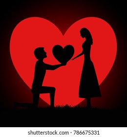 Silhouette of two young lovers on background of the moon in the form of a heart. Man begging a woman for love by giving a big heart.  Valentines Day Card. Vector illustration