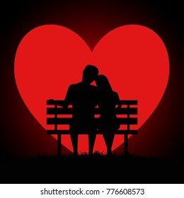 Silhouette of two young lovers sitting on a bench on background of the moon in the form of a heart. Valentines Day Card. Vector illustration