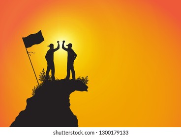 Silhouette of two young men standing on top of the mountain with fist raised up with flag on golden sunrise background, success, achievement and winning concept vector illustration