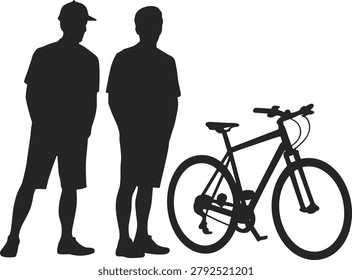 Silhouette of two young men standing together looking at a bicycle, active lifestyle sports and outdoor fitness concept