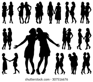 silhouette of two young slender women on the white background for your design