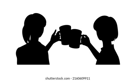 Silhouette of two young women toasting with beer mugs