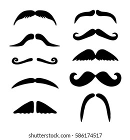 Silhouette of types black mustache. Vector hand drawing male facial hair.