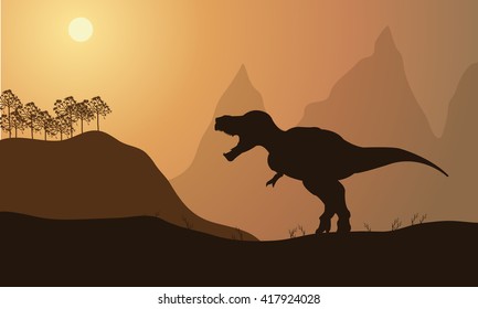 silhouette of tyrannosaurus in fields with brown backgrounds