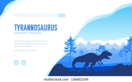 Silhouette of tyrannosaurus on nature background with mountains, trees. Predatory dinosaur of Jurassic period roars and goes through forest. Vector design for palaeontological projects. Copy space.