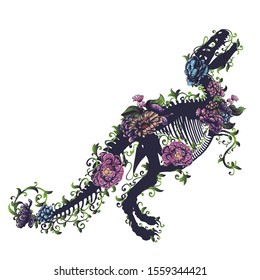 Silhouette of a tyrannosaurus rex skeleton with flowers on white background.