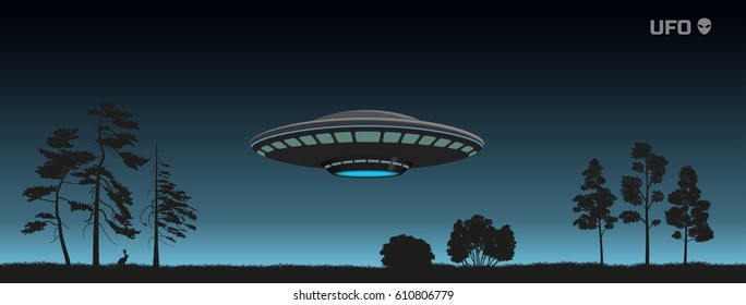 Silhouette of UFO over a night forest. Spaceship of aliens in the sky. Contact with extraterrestrial civilization. Vector illustration