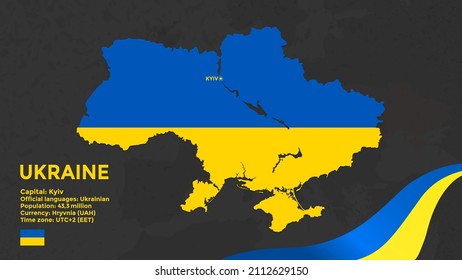 Silhouette of Ukraine in Blue and Yellow. Detailed Map, Text, Ribbon and National Emblem Isolated on Black Background. Editable Vector Illustration. Geography, Geopolitics and Infographics Elements.