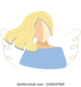 Silhouette of a Ukrainian woman in the form of an angel. Faceless portrait of a cute girl. Yellow and blue are the colors of the national flag. The concept of fighting for peace against war. Vector.