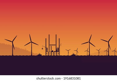 silhouette underconstruction Offshore Oil rig platform station site in sea and wind turbine on orange gradient background