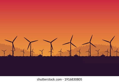 silhouette underconstruction Offshore wind turbine farm in sea on orange gradient background