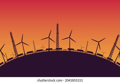 silhouette underconstruction Offshore wind turbine farm in sea on orange gradient background